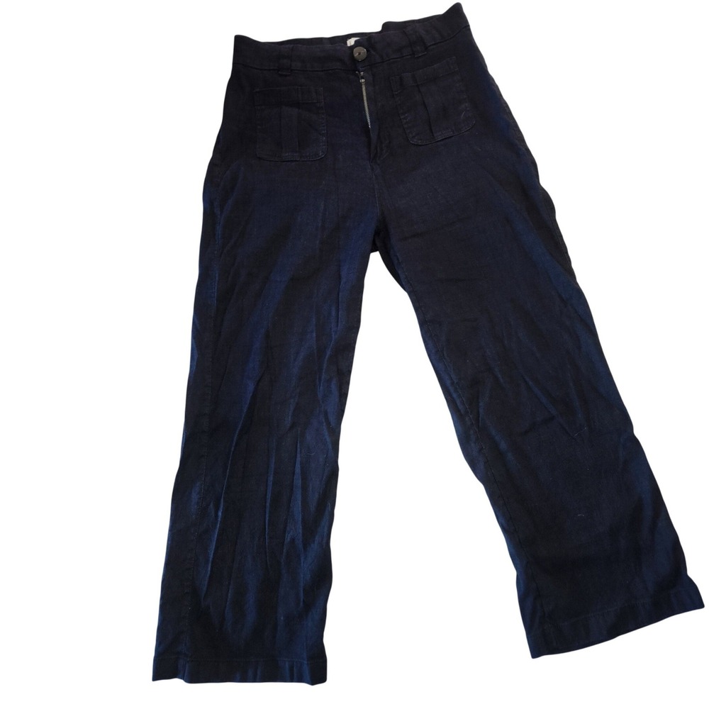 Nicole Miller New York Navy Blue Linen Blend Wide Leg Trousers Pants Size 12